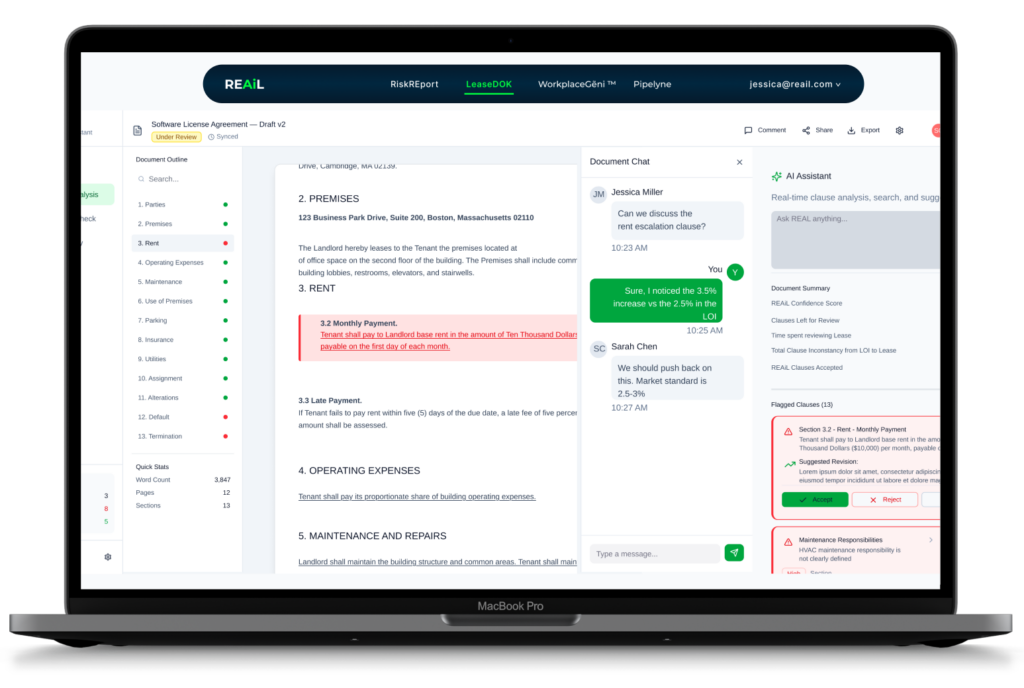 Screenshot of LeaseDOK, REAiL's commercial real estate lease review software